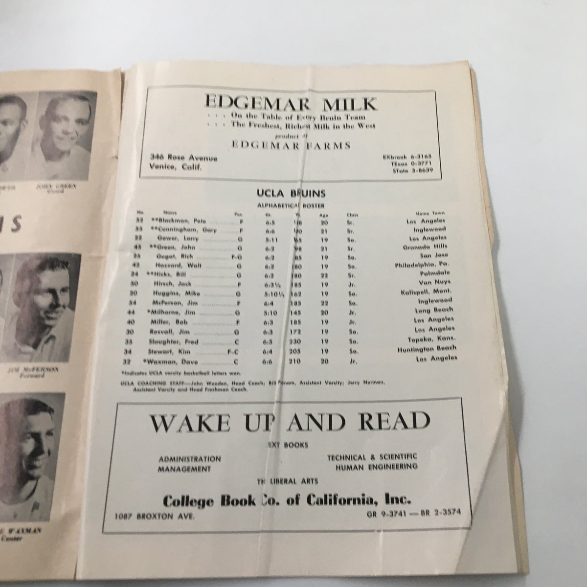February 17 1962 NCAA Basketball SC vs UCLA Bruins The Hoop Official Program displaying the roster page for the UCLA Bruins team, highlighting player details and statistics.