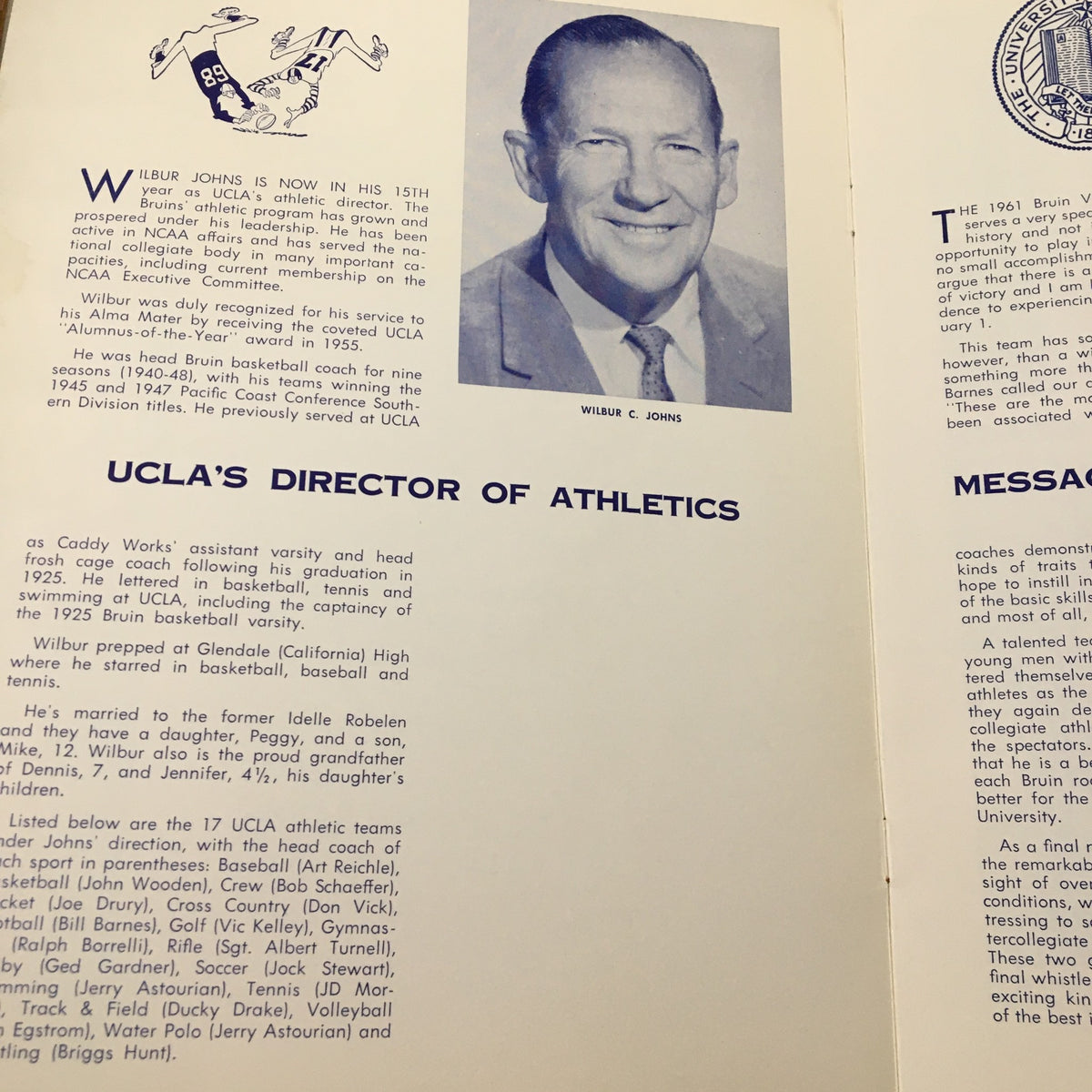 December 6 1961 NCAA UCLA Bruins Annual Football Awards Dinner Dance Program featuring Wilbur Johns, UCLA's Director of Athletics.