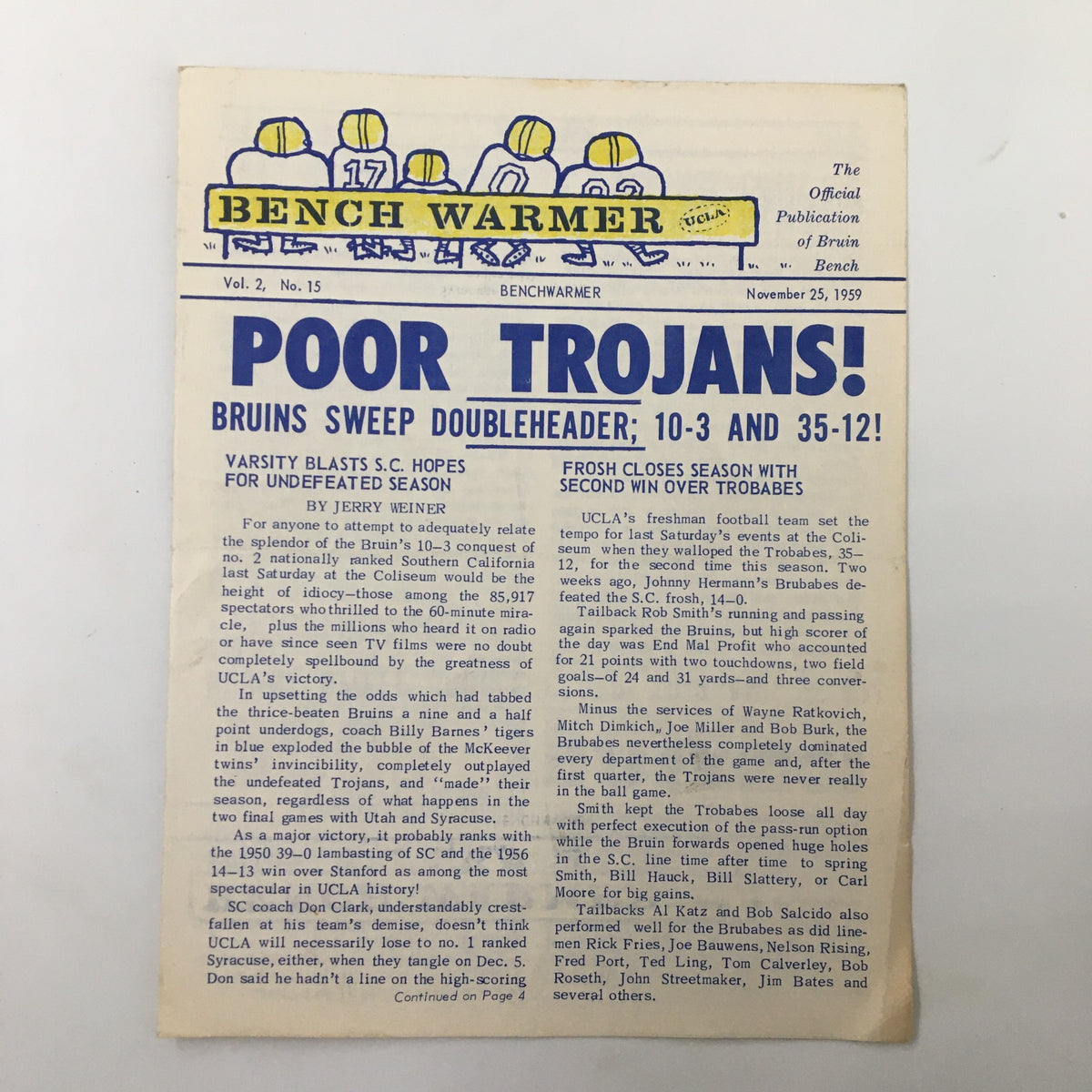 November 29 1959 NCAA Basketball UCLA vs SC Official Bruin Bench Program featuring the headline 'Poor Trojans' with details of a doubleheader game.