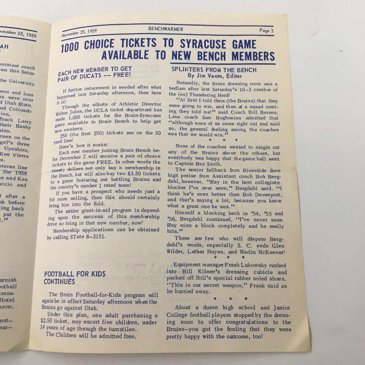 Page 2 of the November 29 1959 NCAA Basketball UCLA vs SC Official Bruin Bench Program discussing ticket availability and features.