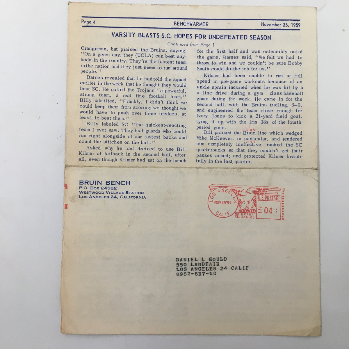 Back page of the November 29 1959 NCAA Basketball UCLA vs SC Official Bruin Bench Program with details on the Bruin Bench.