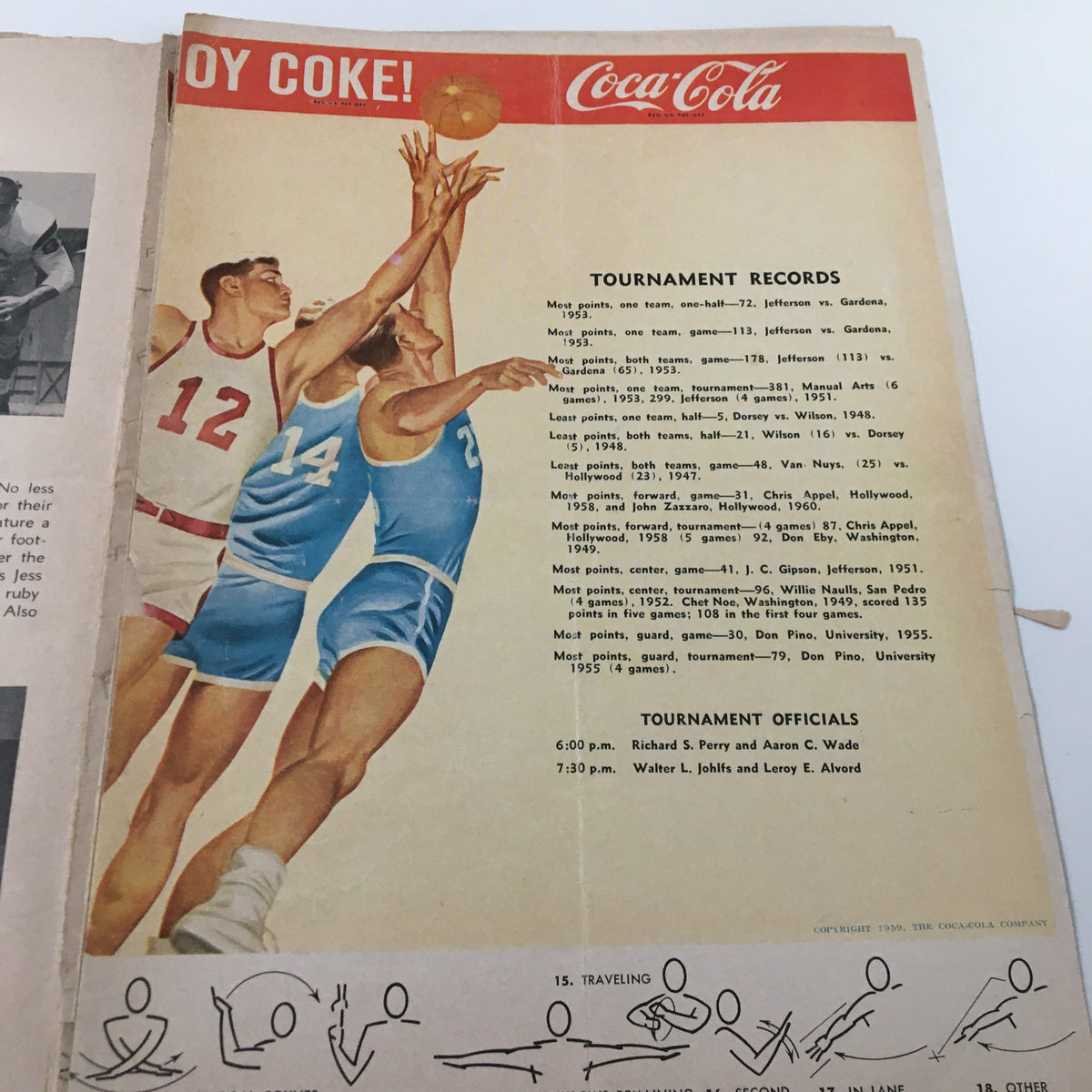 March 4 1955 NCAA Basketball SC vs UCLA Bruins Official Program inside page with tournament records and game details, featuring a vibrant Coca-Cola advertisement and player statistics.