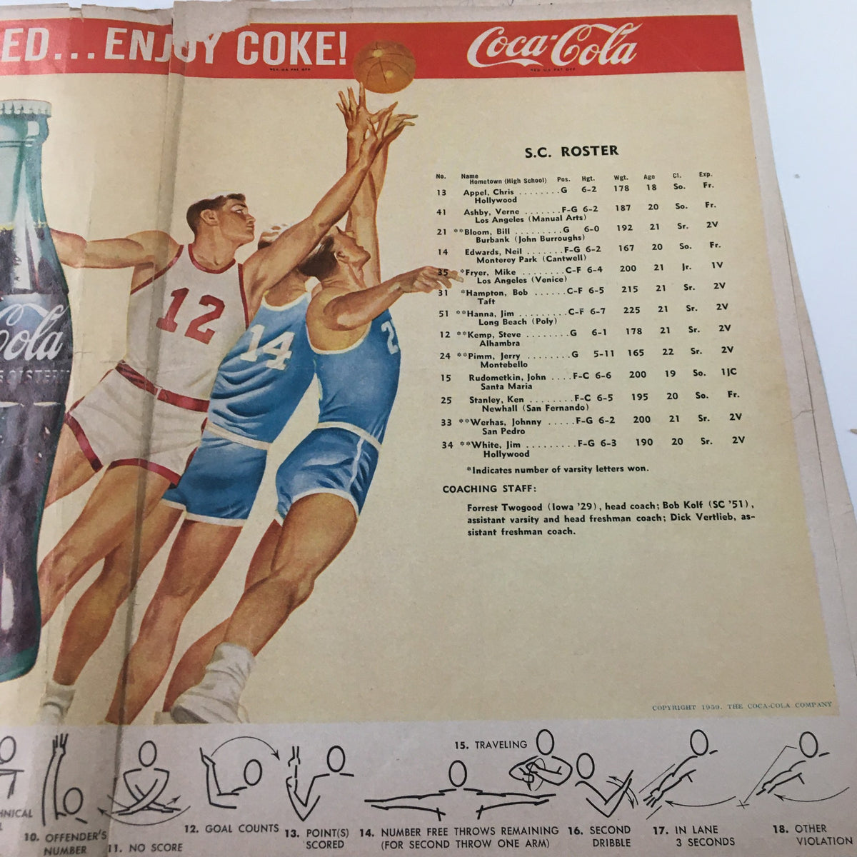 March 4 1955 NCAA Basketball SC vs UCLA Bruins Official Program featuring the SC roster and Coca-Cola advertisement with basketball players in action.