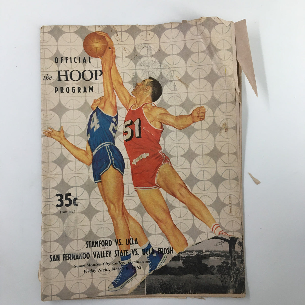 Cover of March 8 1963 NCAA Basketball Stanford vs UCLA The Hoop Official Program featuring action illustration of players.