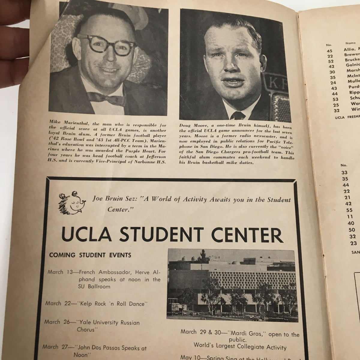 Inside page of March 8 1963 NCAA Basketball Stanford vs UCLA program with information about Mike Mirabito and Joe Bruin.