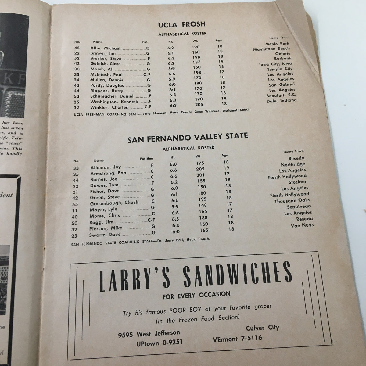 Inside roster page of March 8 1963 NCAA Basketball Stanford vs UCLA program showing UCLA Frosh and San Fernando Valley State team lineups.