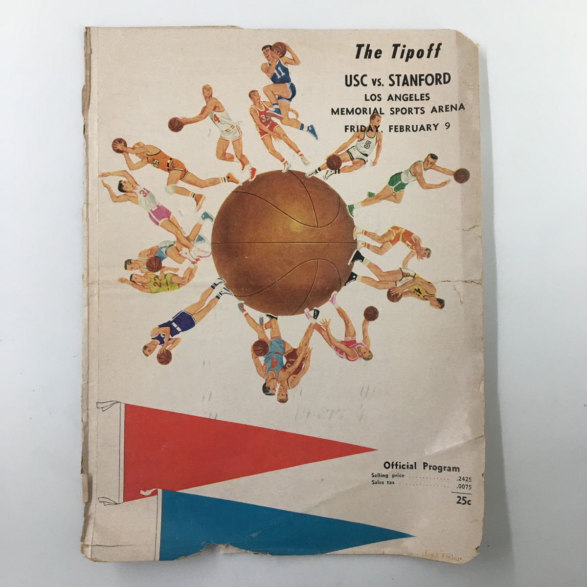 Official program cover for February 9, 1962 NCAA Basketball USC vs Stanford featuring vibrant illustrations of players and a central basketball design.