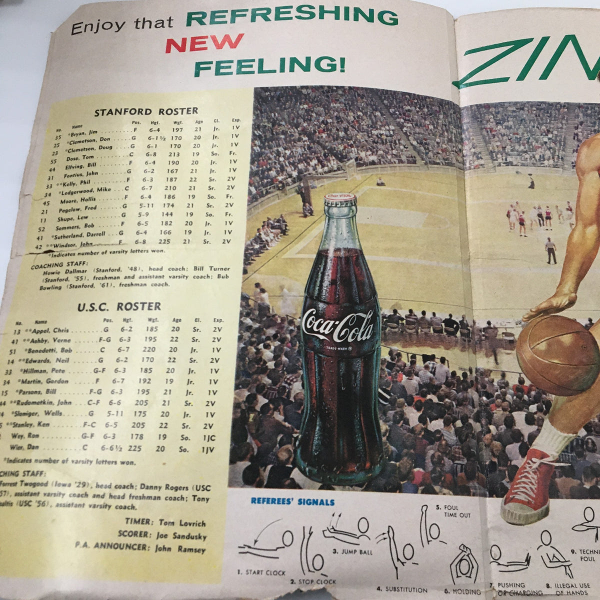 February 9 1962 NCAA Basketball USC vs Stanford Official Program page featuring Stanford and USC rosters with Coca-Cola advertisement.