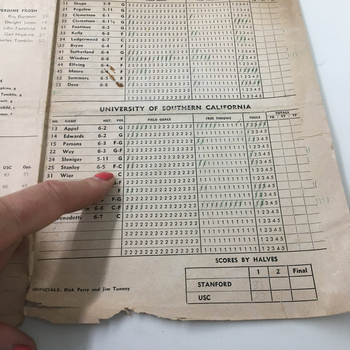 February 9 1962 NCAA Basketball USC vs Stanford Official Program page showing detailed Southern California roster with player statistics.