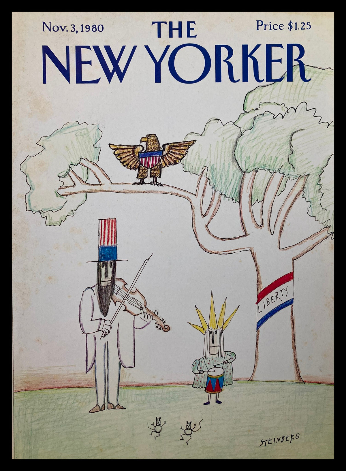 The New Yorker cover from November 3, 1980, titled 'Liberty' by Saul Steinberg, featuring whimsical illustrations of a man with a violin, a woman resembling the Statue of Liberty, and an eagle perched on a tree.