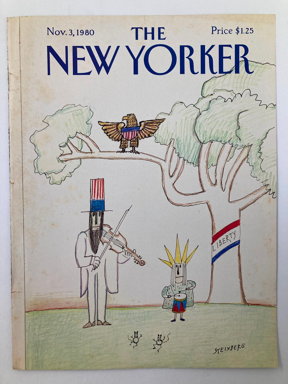 Cover of The New Yorker November 3 1980 titled 'Liberty' by Saul Steinberg, featuring illustrated characters including a figure with a violin and a stylized Statue of Liberty.