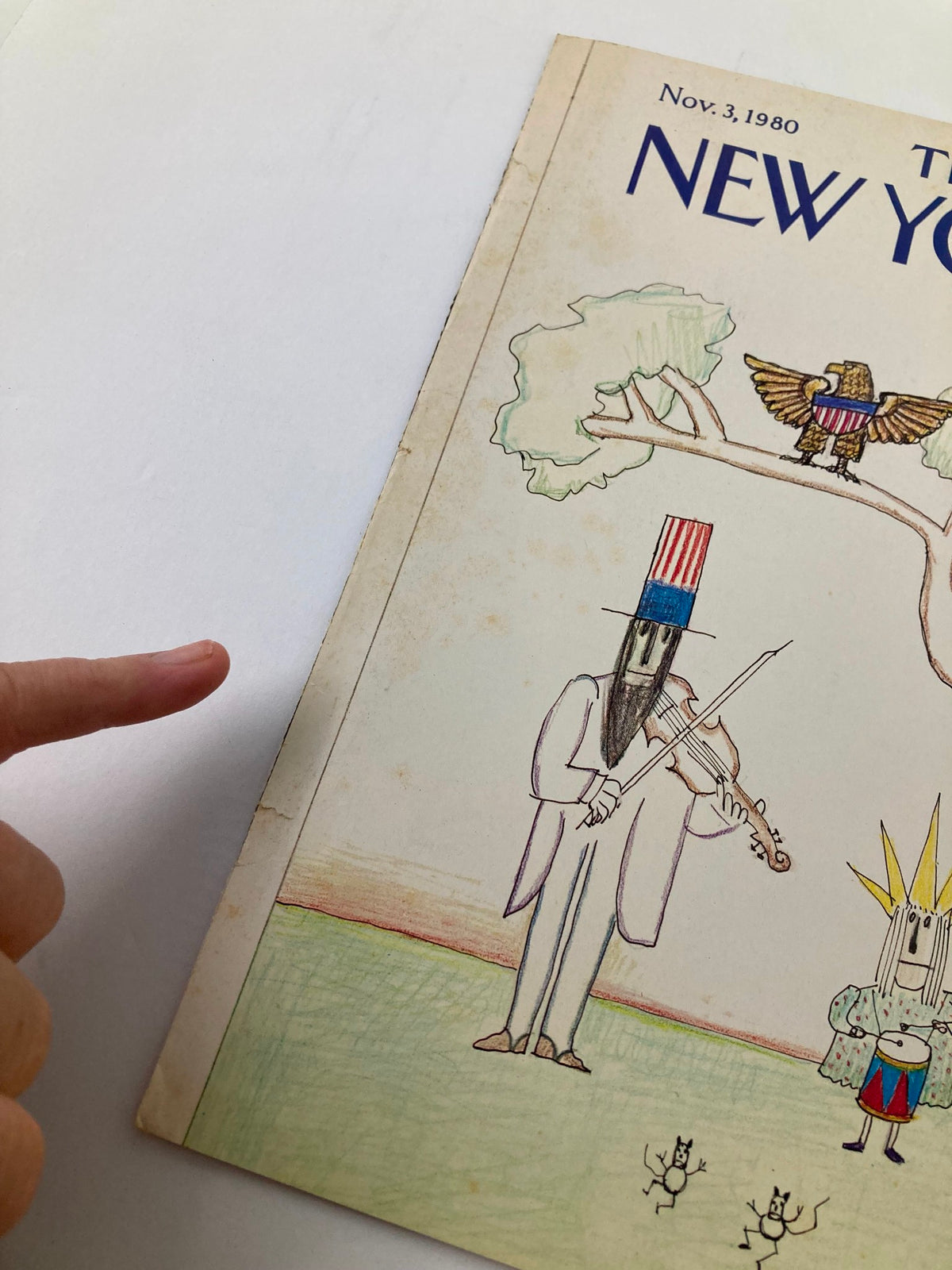 Close-up of The New Yorker cover from November 3 1980 showcasing the artwork 'Liberty' by Saul Steinberg, highlighting characters and details in the illustration.