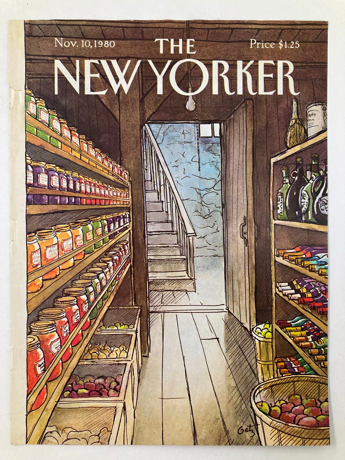 COVER ONLY The New Yorker November 10 1980, featuring artwork by Arthur Getz, showcasing a rustic cellar filled with shelves of colorful jars and fresh produce.