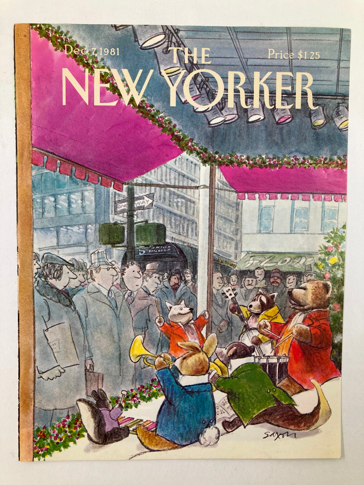 COVER ONLY The New Yorker December 7 1981 Animals by Charles Saxon, showcasing charming animal characters performing music in a lively urban setting decorated for the holidays.
