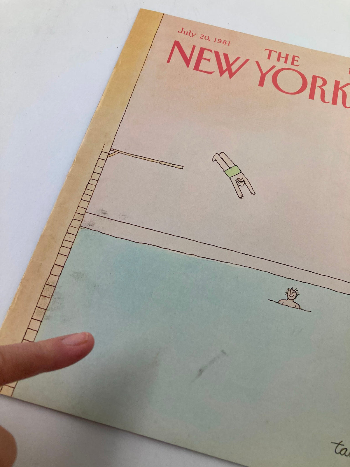 Close-up view of The New Yorker cover dated July 20, 1981, highlighting the playful illustration by Robert Tallon, with a focus on the dive and pool scene.