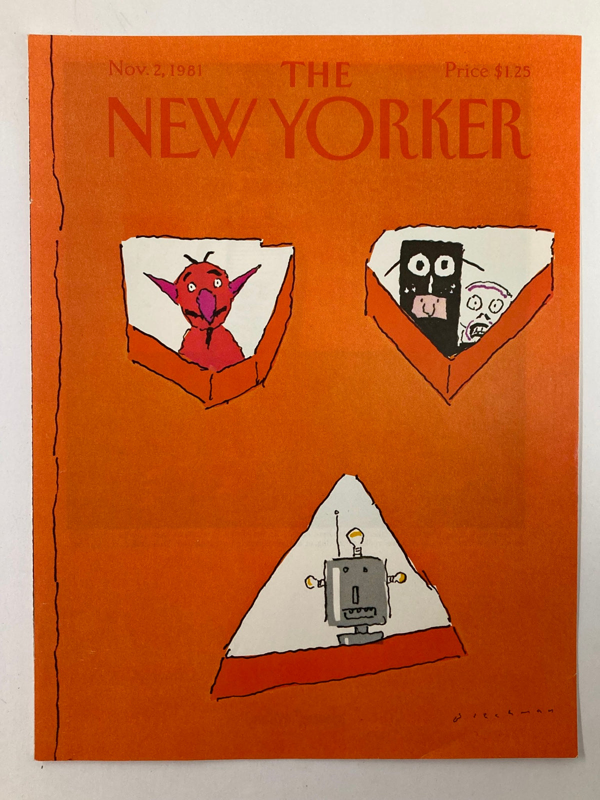 Cover only of The New Yorker November 2, 1981, showcasing R.O. Blechman's unique illustrative style with whimsical characters set against a vibrant orange backdrop.