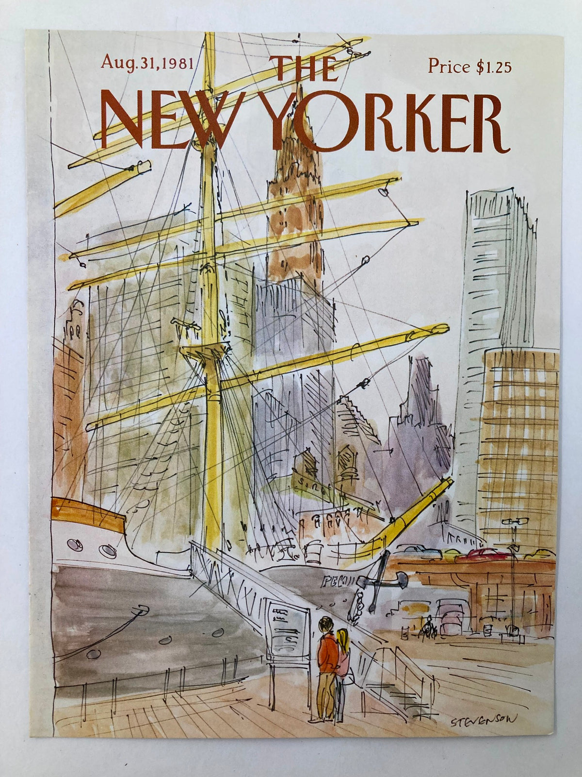 Cover of The New Yorker magazine dated August 31, 1981, showcasing a colorful illustration of a large ship and urban landscape by James Stevenson. Priced at $1.25.