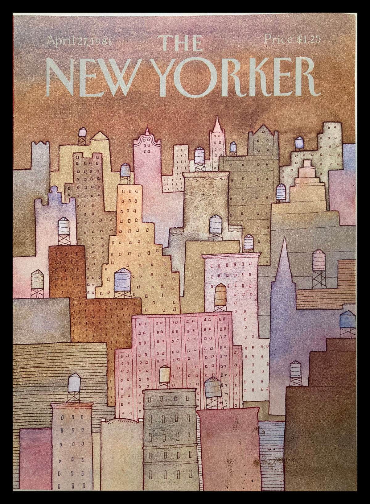 The New Yorker April 27 1981 Water Tanks by Lonni S Johnson, featuring colorful urban illustration of buildings and water tanks against a soft background.