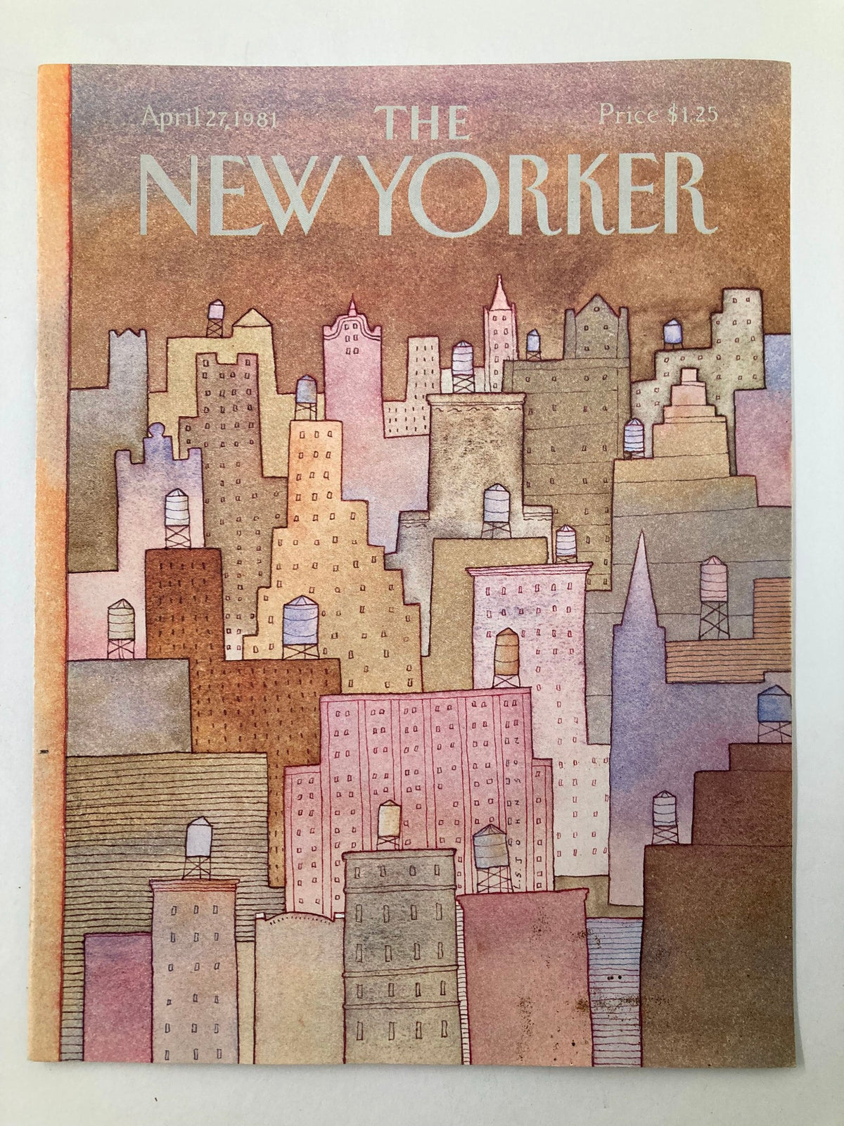 The New Yorker April 27 1981 cover featuring an illustration of urban water tanks by Lonni S. Johnson, showcasing a colorful cityscape with buildings and water towers.