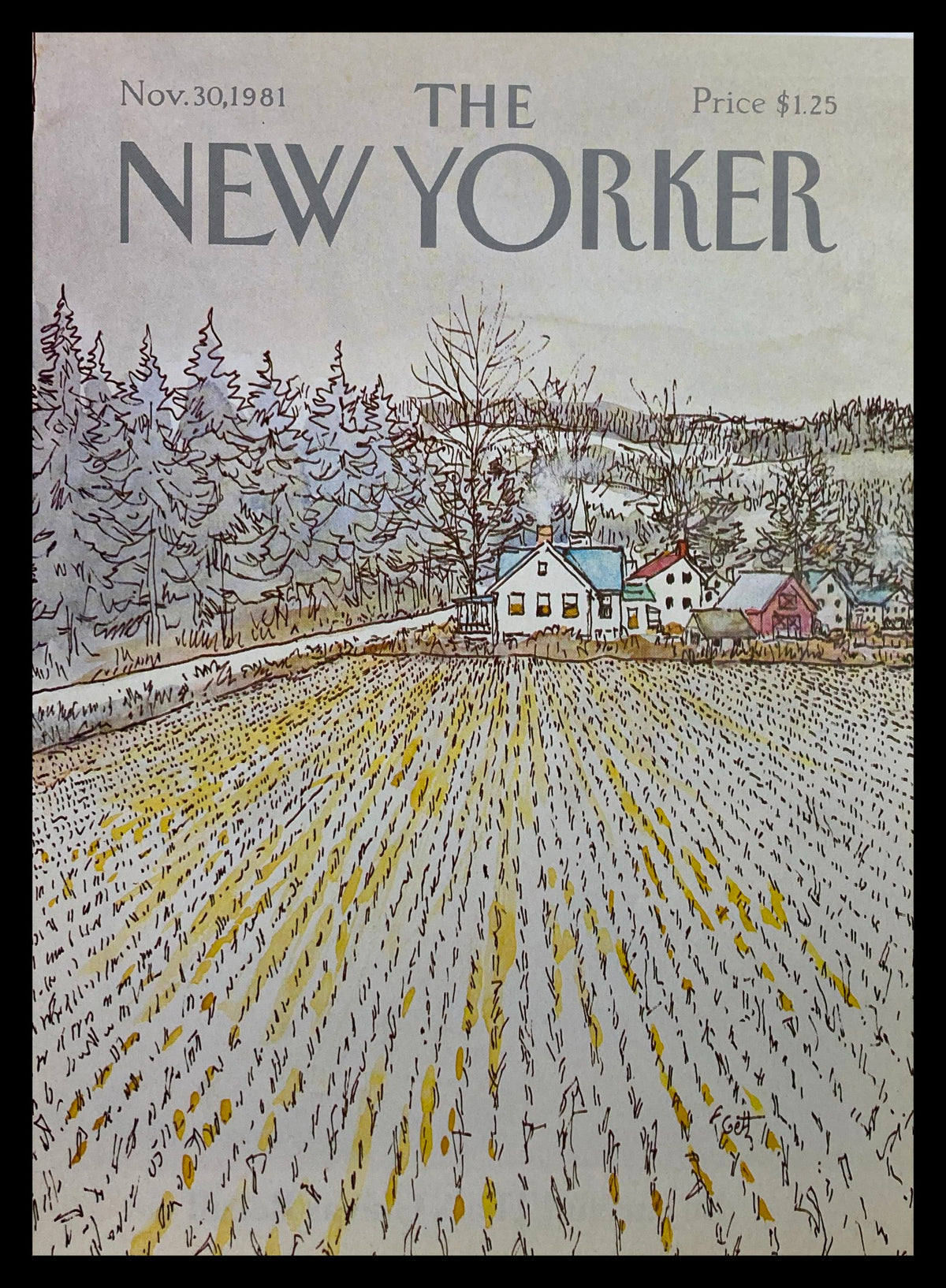 Cover of The New Yorker, November 30, 1981, illustrated by Arthur Getz featuring a tranquil rice field scene with rustic houses and trees.
