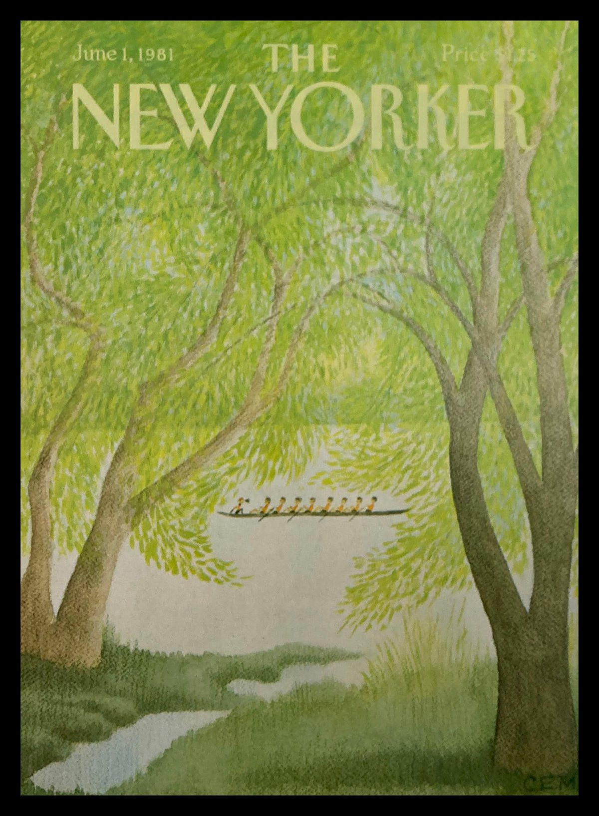 Cover of The New Yorker dated June 1, 1981, featuring an illustration of a rowboat surrounded by lush green trees. Title includes 'COVER ONLY The New Yorker June 1 1981 Row Boat by Charles E. Martin No Label'.
