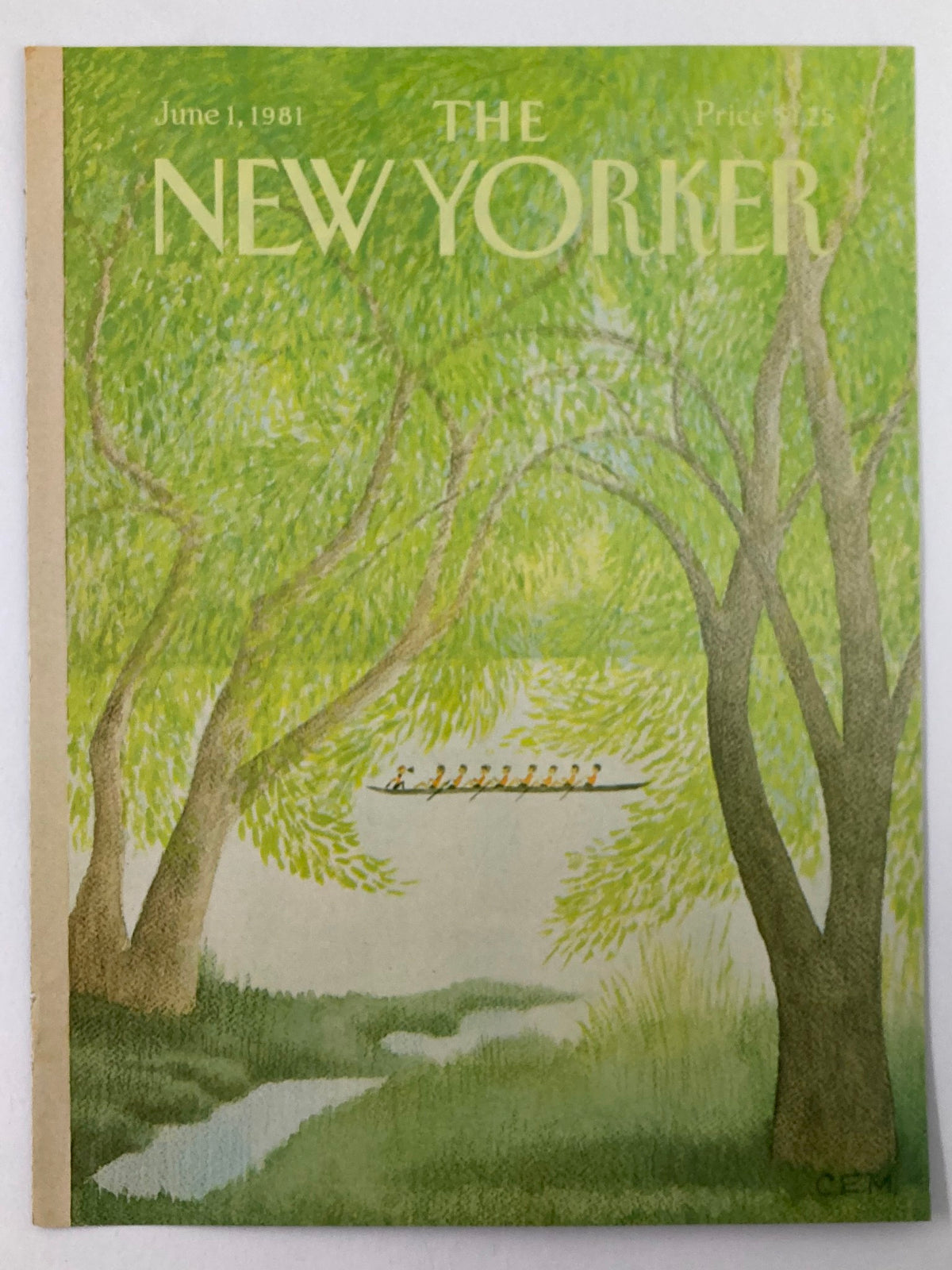 Gallery-style image of the cover for The New Yorker, June 1, 1981, showcasing a serene view of a rowboat among verdant trees, with the title 'COVER ONLY The New Yorker June 1 1981 Row Boat by Charles E. Martin No Label'.