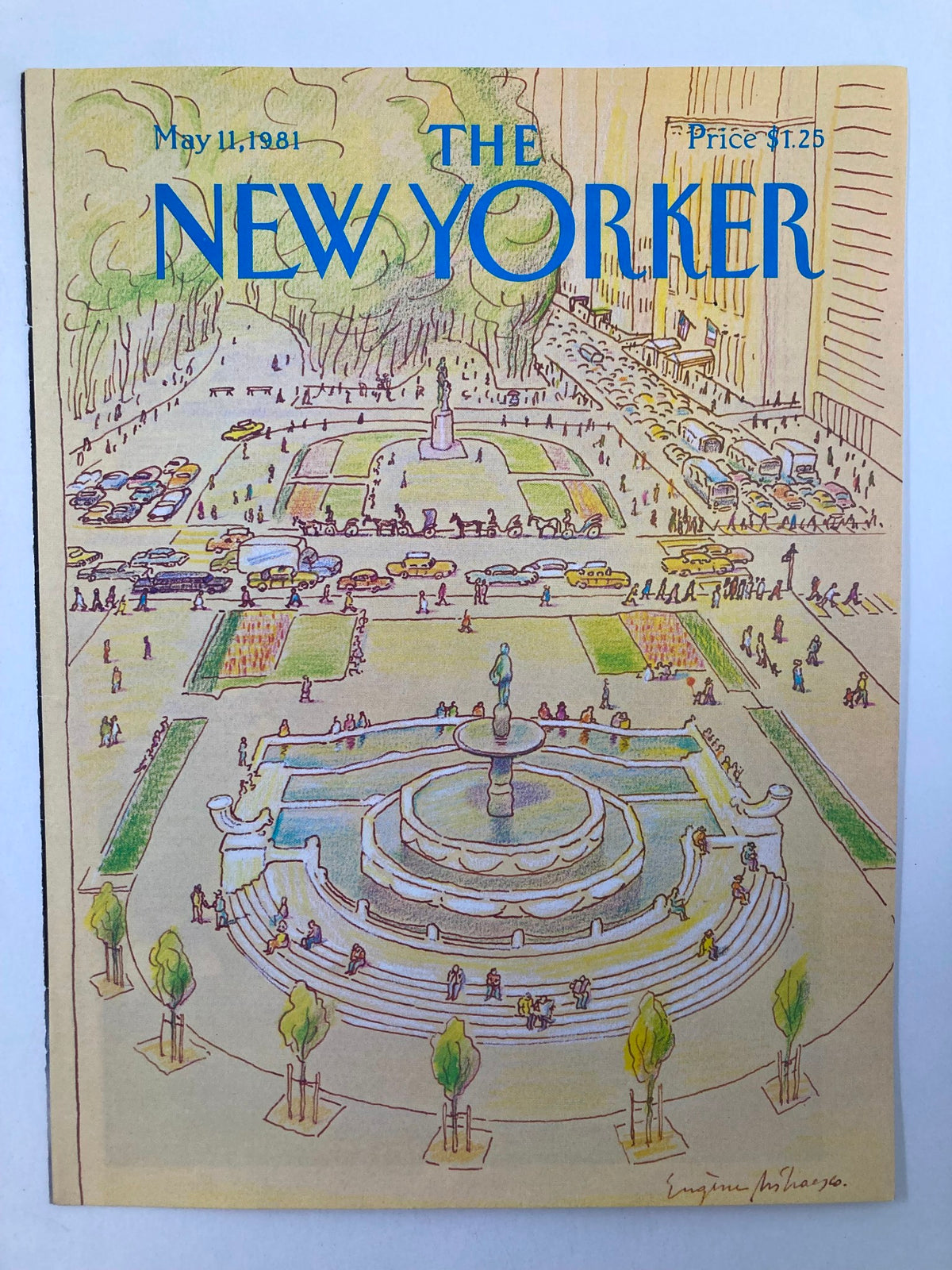 Cover of The New Yorker from May 11, 1981, showcasing 'Rotunda' by Eugène Mihaesco, illustrating a vibrant park scene with a fountain, trees, and crowds.