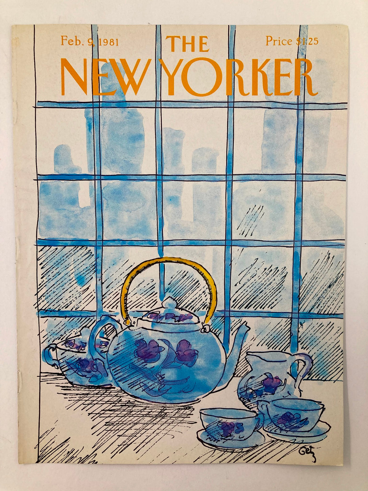 The New Yorker cover from February 9, 1981, depicts the 'Kettle Family' by Arthur Getz, featuring a beautifully illustrated blue teapot and teacups with an urban backdrop.