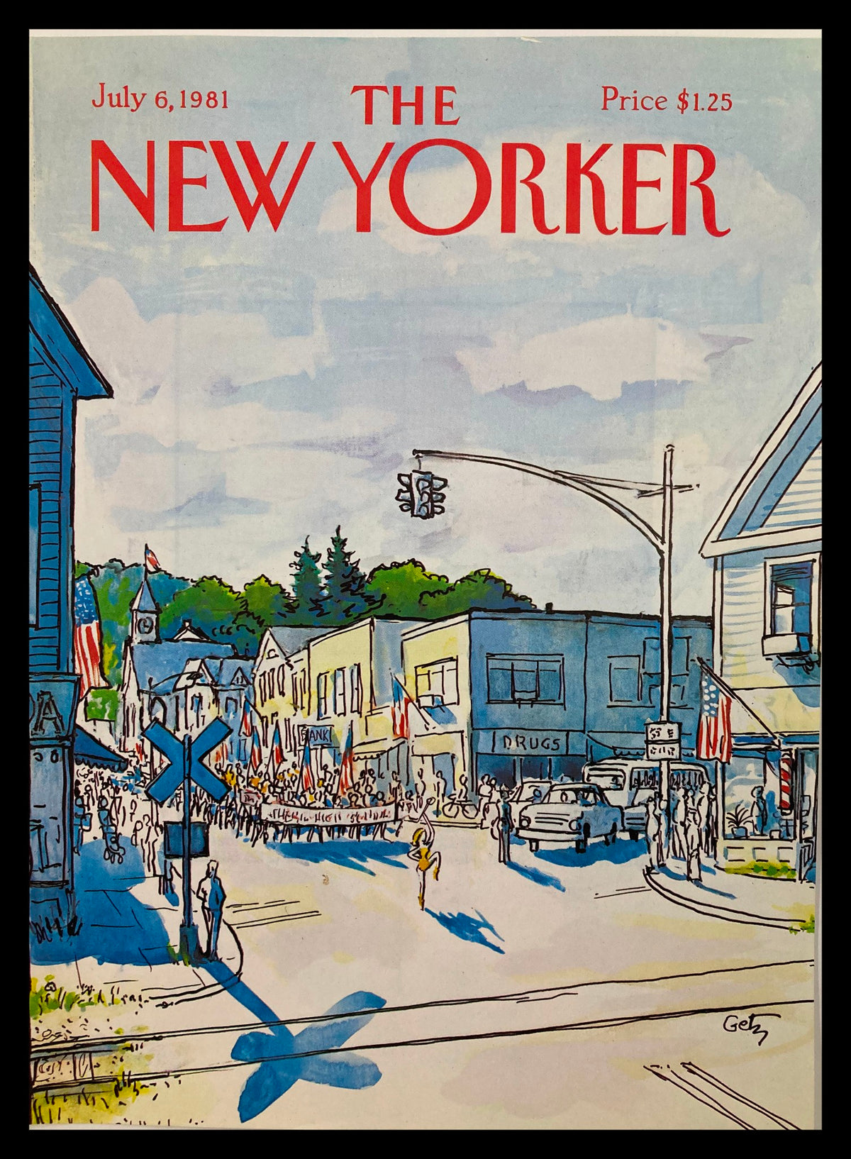 COVER ONLY The New Yorker July 6 1981 Parade by Arthur Getz, featuring a vibrant illustration of a small-town parade scene with buildings, flags, and people, highlighting the early '80s cultural charm.