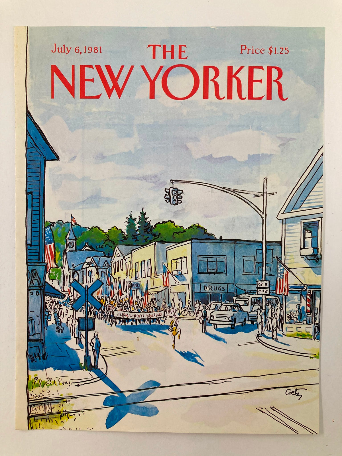 COVER ONLY The New Yorker July 6 1981 Parade by Arthur Getz, showcasing a lively street parade illustration with a vintage feel, capturing the essence of American small-town celebrations and nostalgia.