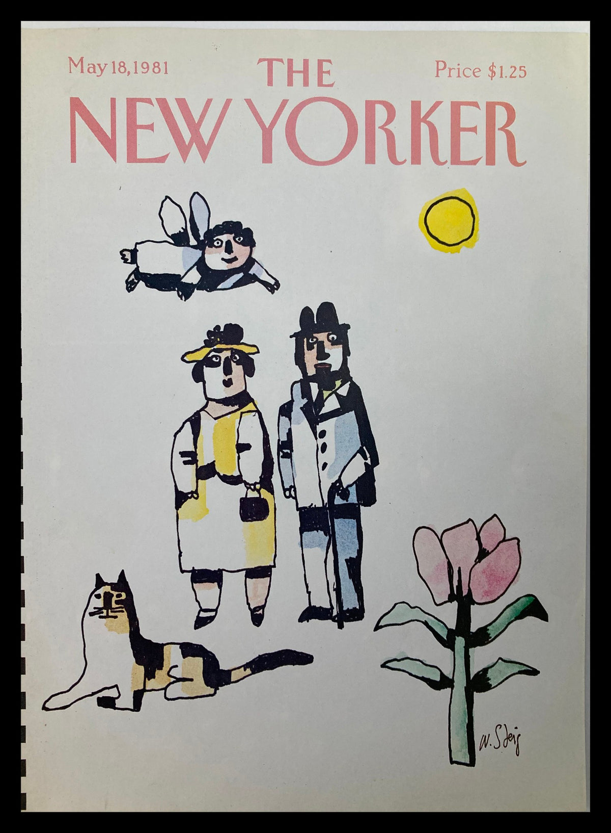 Cover of The New Yorker dated May 18, 1981, featuring the whimsical artwork 'Flower Power' by William Steig, depicting colorful characters, a cat, and a flower.