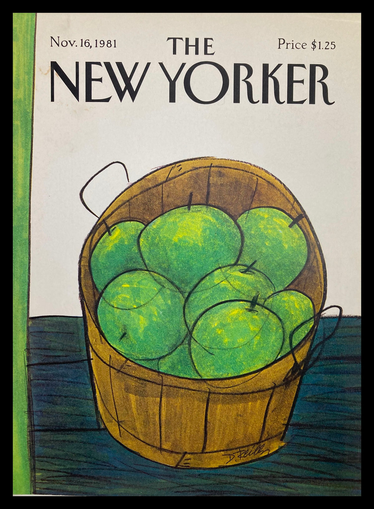 Cover of The New Yorker, November 16, 1981, featuring a basket of green apples illustrated by Donald Reilly, showcasing vibrant colors and artistic flair.