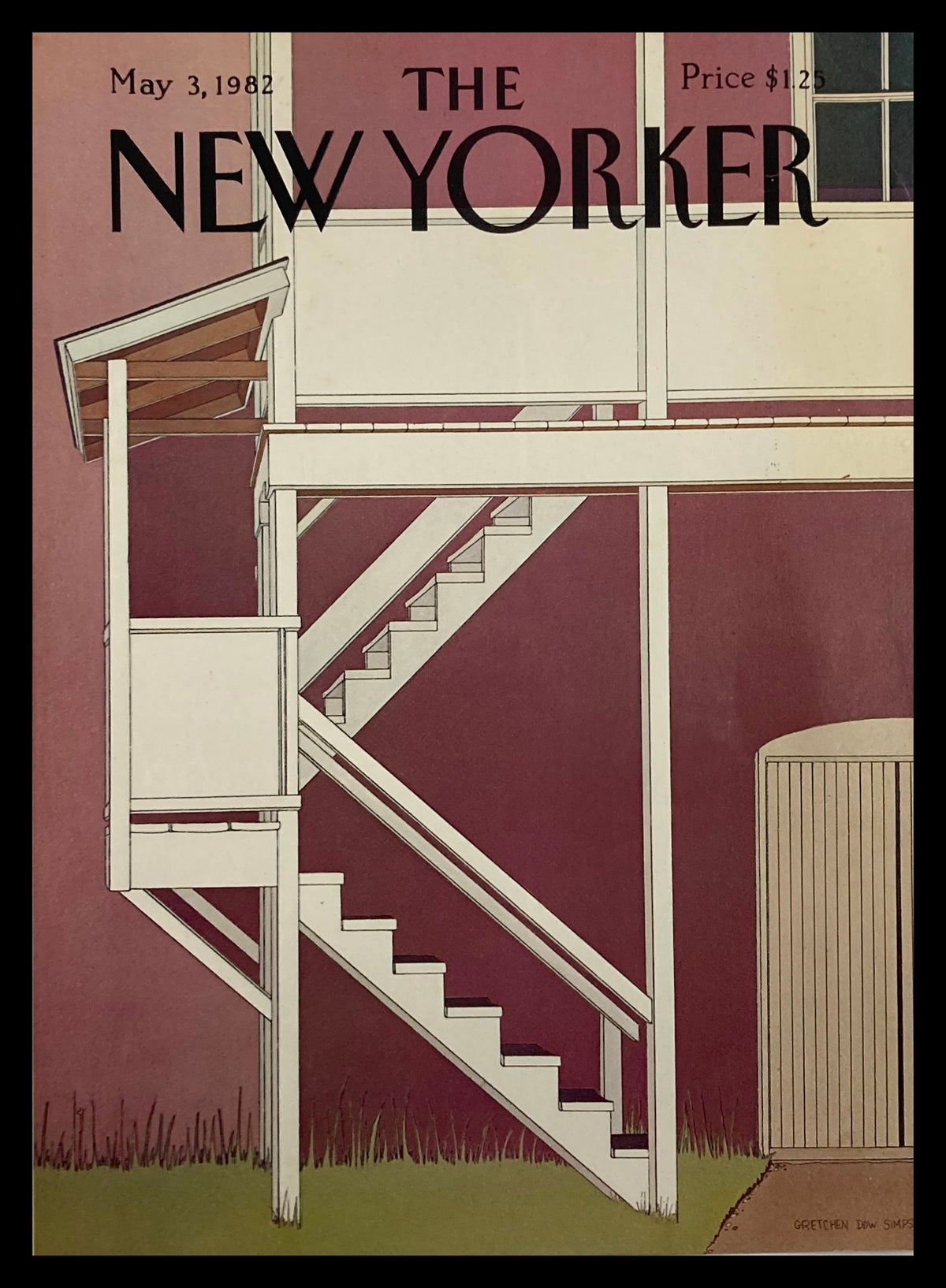 Cover of The New Yorker dated May 3, 1982, titled 'Going Up' by Gretchen Dow Simpson, featuring a whimsical staircase illustration against a pastel background.