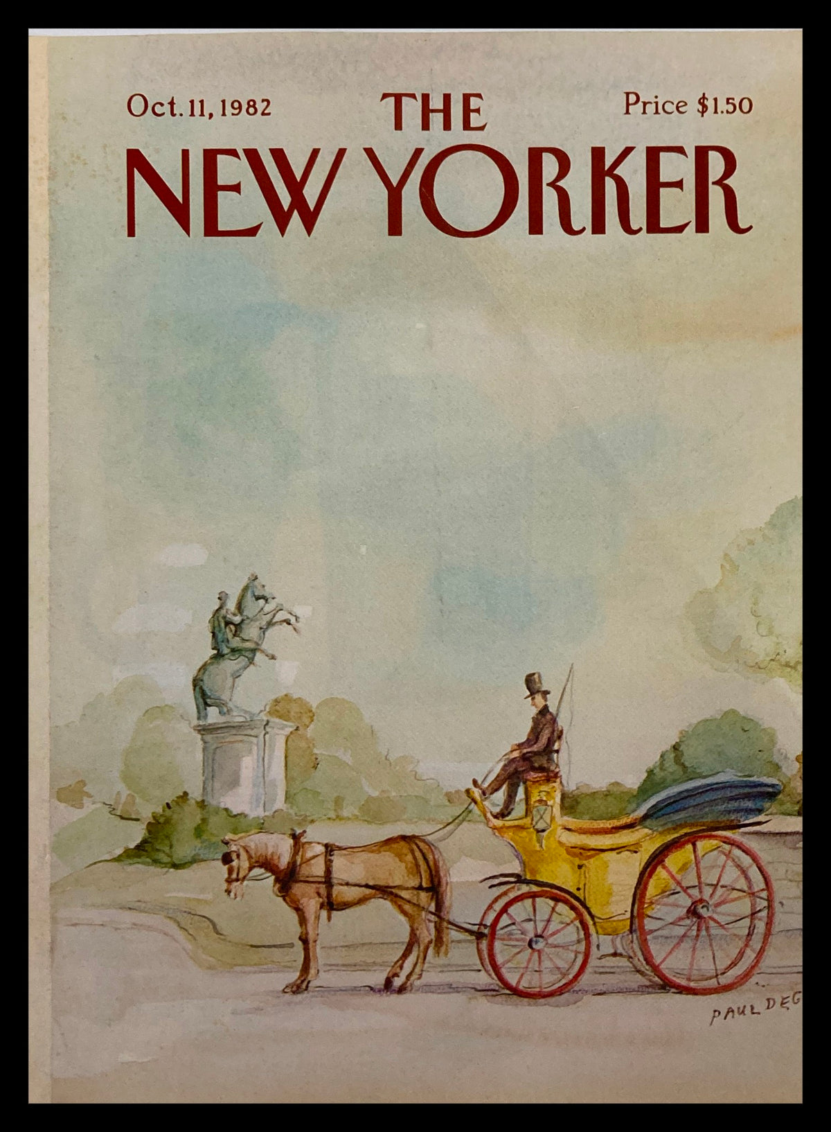 The New Yorker Cover - Coach & Horse by Paul Degen, October 11, 1982 featuring a vintage illustration of a gentleman in a carriage drawn by a horse, with a statue in the background.