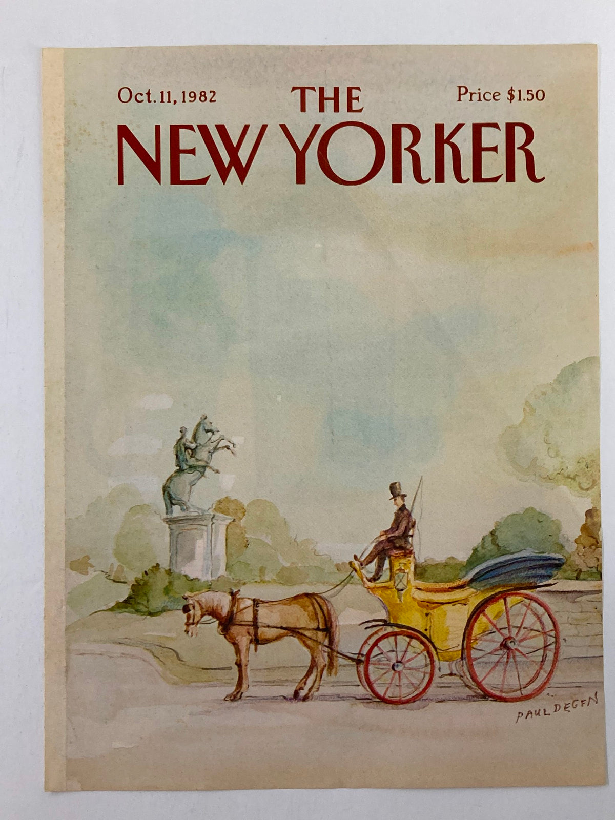 The New Yorker Cover - Coach & Horse by Paul Degen, October 11, 1982, highlighting a vintage carriage scene with a horse and carriageman against a serene landscape.