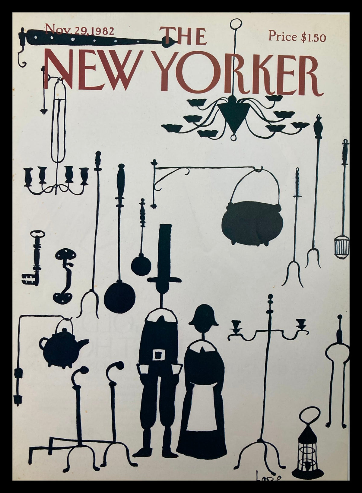 COVER ONLY The New Yorker November 29 1982 featuring artwork titled 'Black Things' by Heidi G, showcasing silhouettes of various vintage items and characters.