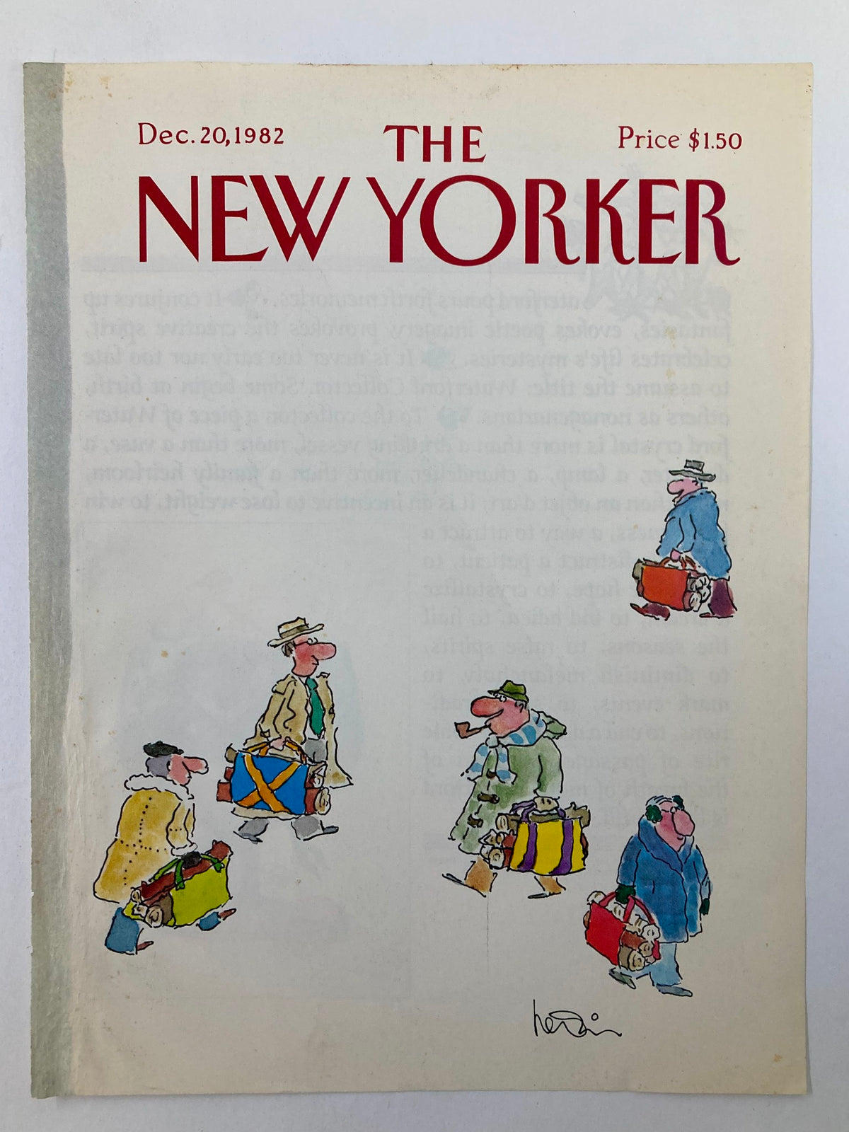 Cover of The New Yorker dated December 20, 1982, showcasing a humorous drawing of men with luggage, highlighted by vibrant colors, under the title 'Going Somewhere' by Heidi.
