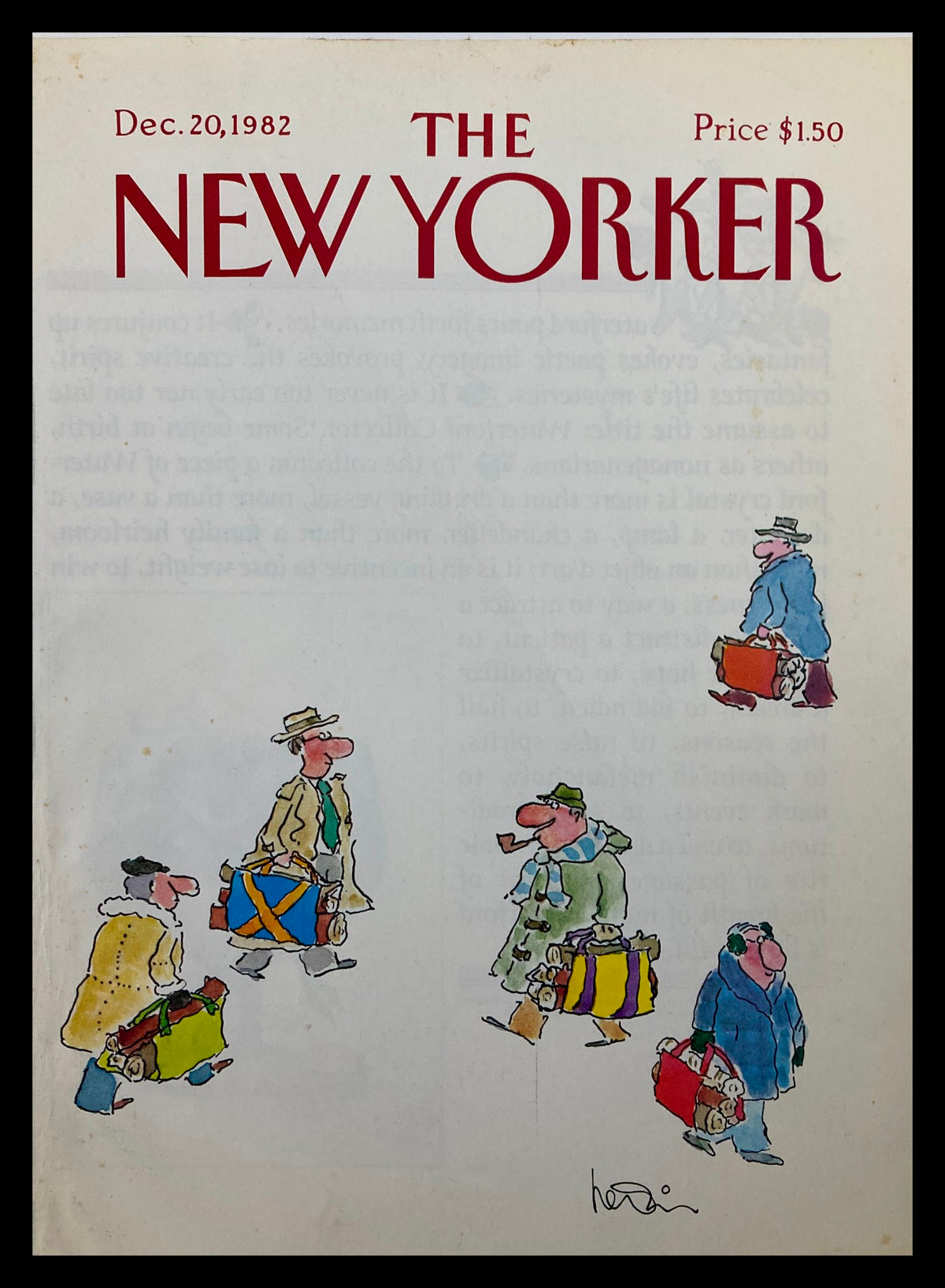Cover of The New Yorker from December 20, 1982, featuring a whimsical illustration of men carrying suitcases in various colorful coats, titled 'Going Somewhere' by Heidi.
