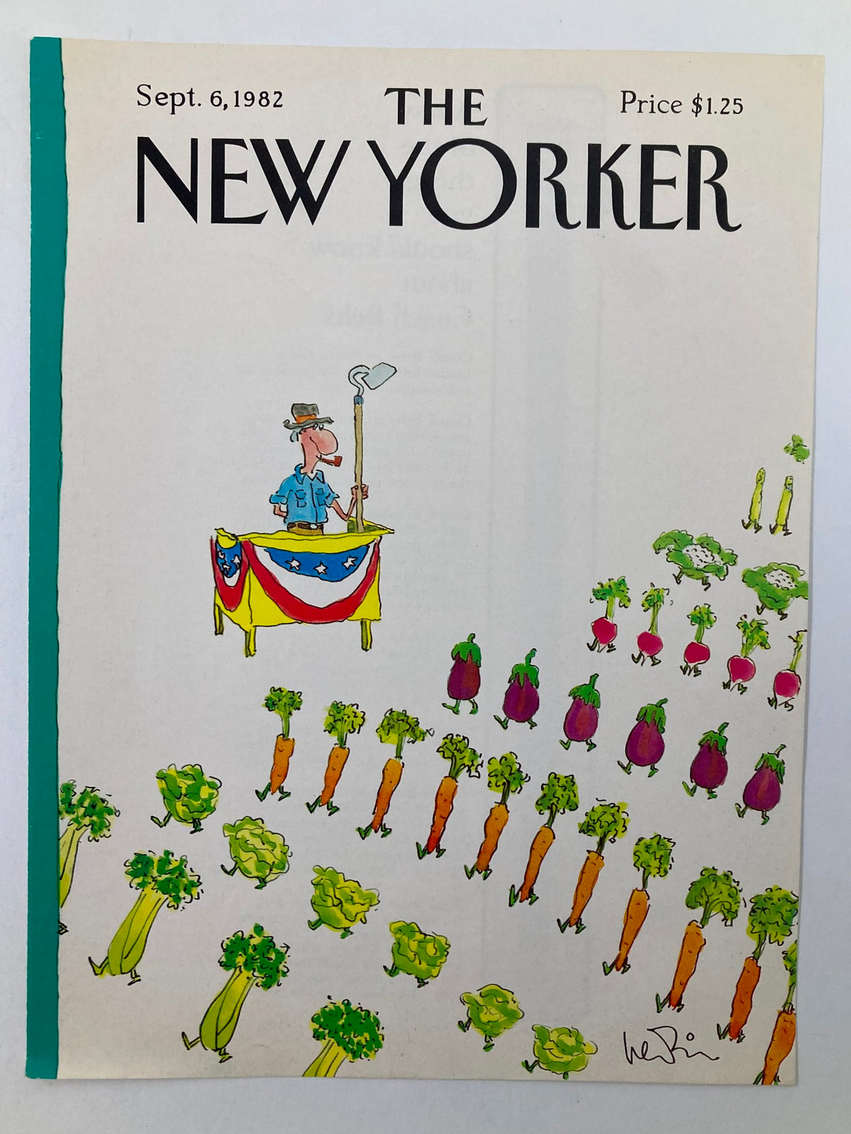 Cover of The New Yorker dated September 6, 1982, titled 'Army of Greens' featuring whimsical cartoon vegetables such as carrots, broccoli, and eggplants with a character in a blue shirt on a podium.