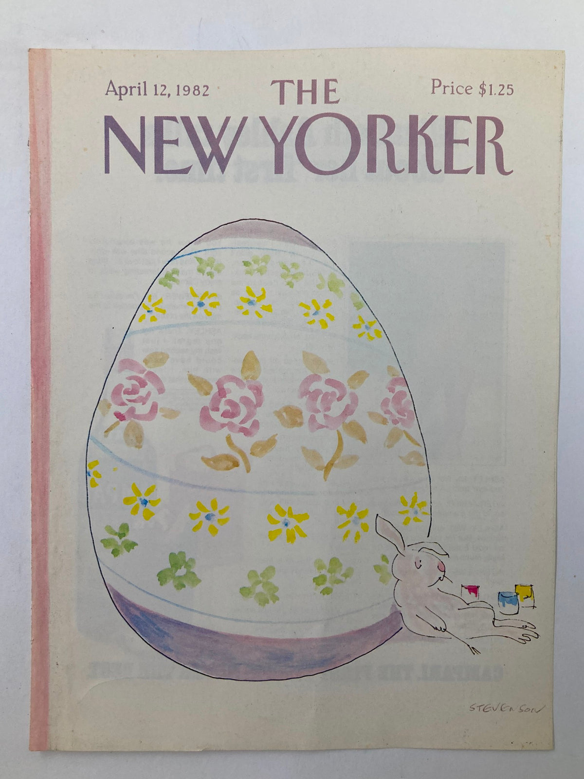 The New Yorker cover from April 12, 1982, featuring whimsical artwork titled 'Giant Egg' by James Stevenson, depicting a decorated egg with a cute rabbit painting beside it.