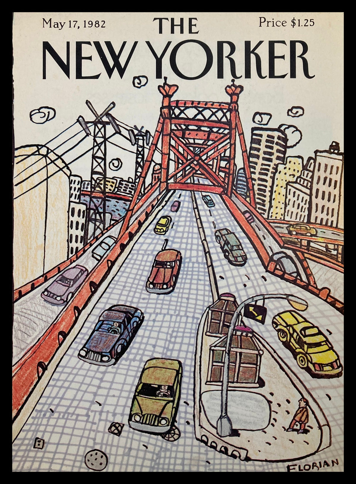 COVER ONLY The New Yorker May 17 1982 featuring Busy Bridge illustration by Florian, showcasing bustling urban life with cars on a vibrant bridge in New York City.