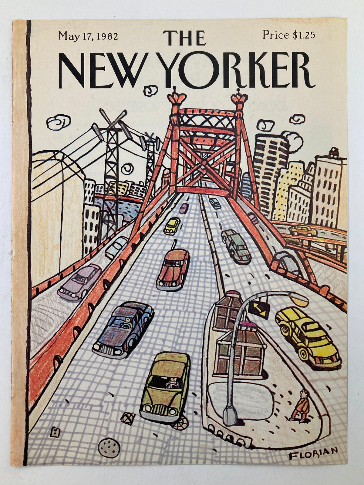 COVER ONLY The New Yorker May 17 1982 depicting Busy Bridge artwork by Florian, illustrating the dynamic traffic and skyline of New York City.