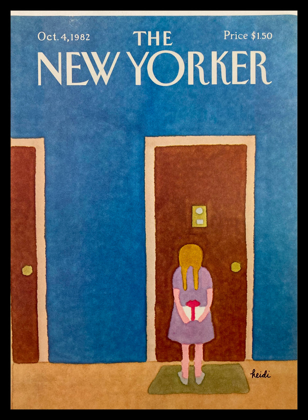 Cover only of The New Yorker from October 4, 1982, featuring an illustration by Heidi Goennel depicting a girl standing in front of a door, evoking a sense of curiosity and nostalgia. Ideal for collectors and vintage art enthusiasts.