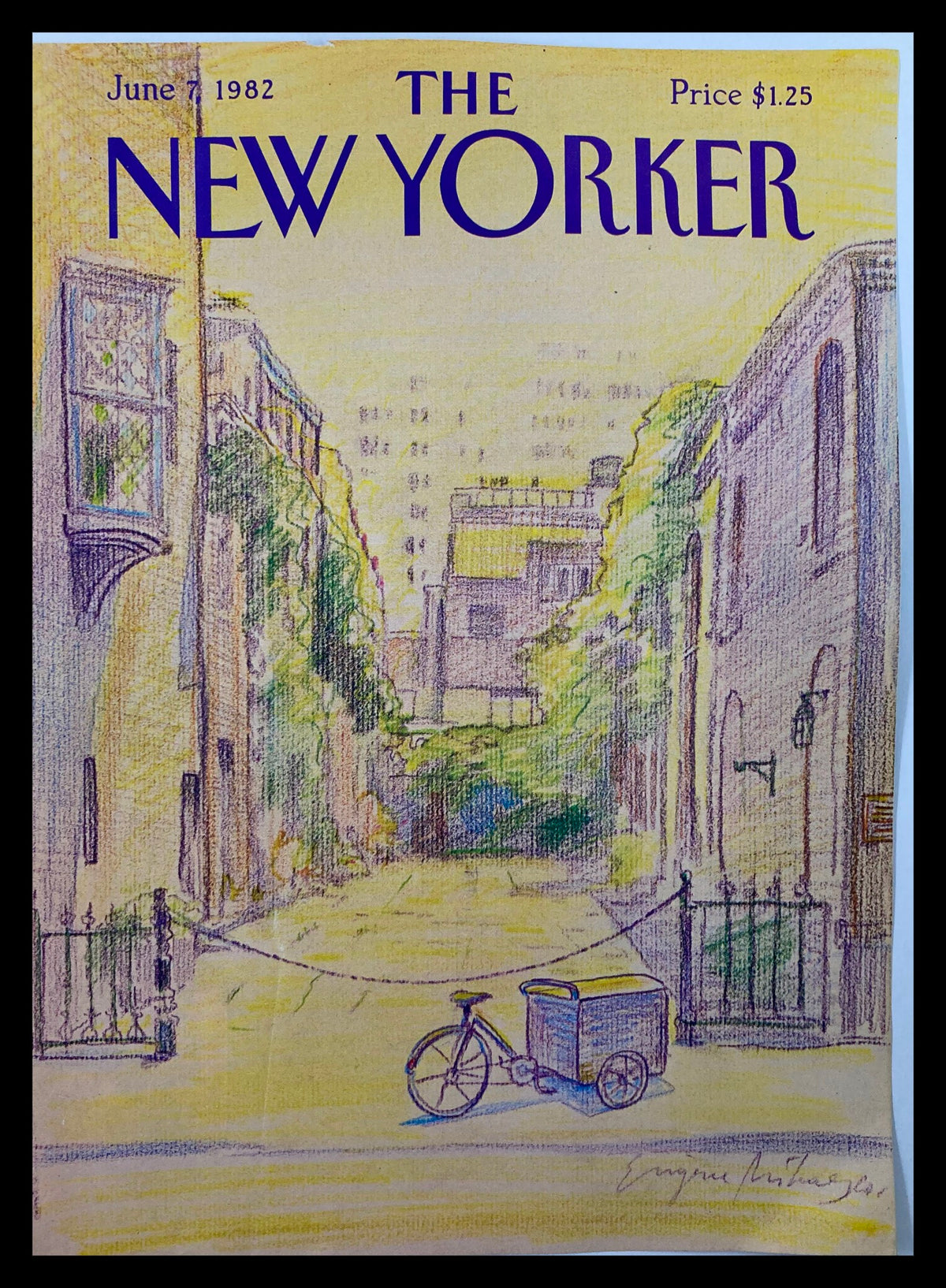 Cover image of The New Yorker June 7, 1982 issue titled 'No Entry' by Eugene Mihaesco, featuring a vibrant illustration of a street with a bicycle and lush greenery.