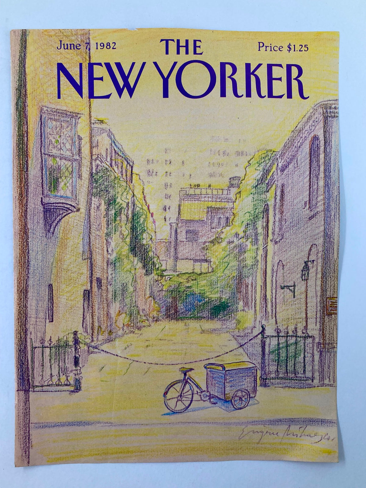 The New Yorker June 7, 1982 cover titled 'No Entry' by Eugene Mihaesco, showcasing a colorful depiction of an alleyway scene with a bicycle and overgrown plants.