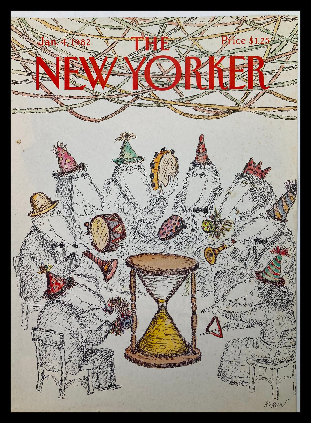 The New Yorker Cover January 4 1982 featuring Hourglass Meeting by Ed Koren, depicting whimsical characters playing instruments around an hourglass.