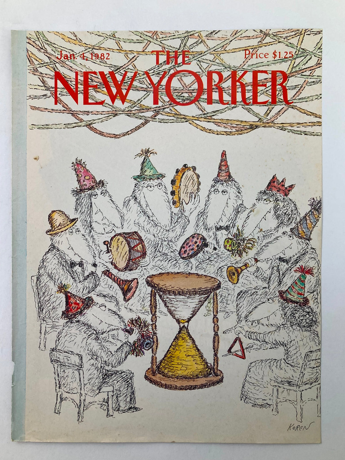 The New Yorker Cover January 4 1982 illustrating Hourglass Meeting by Ed Koren, showcasing humorous figures in party hats playing musical instruments.