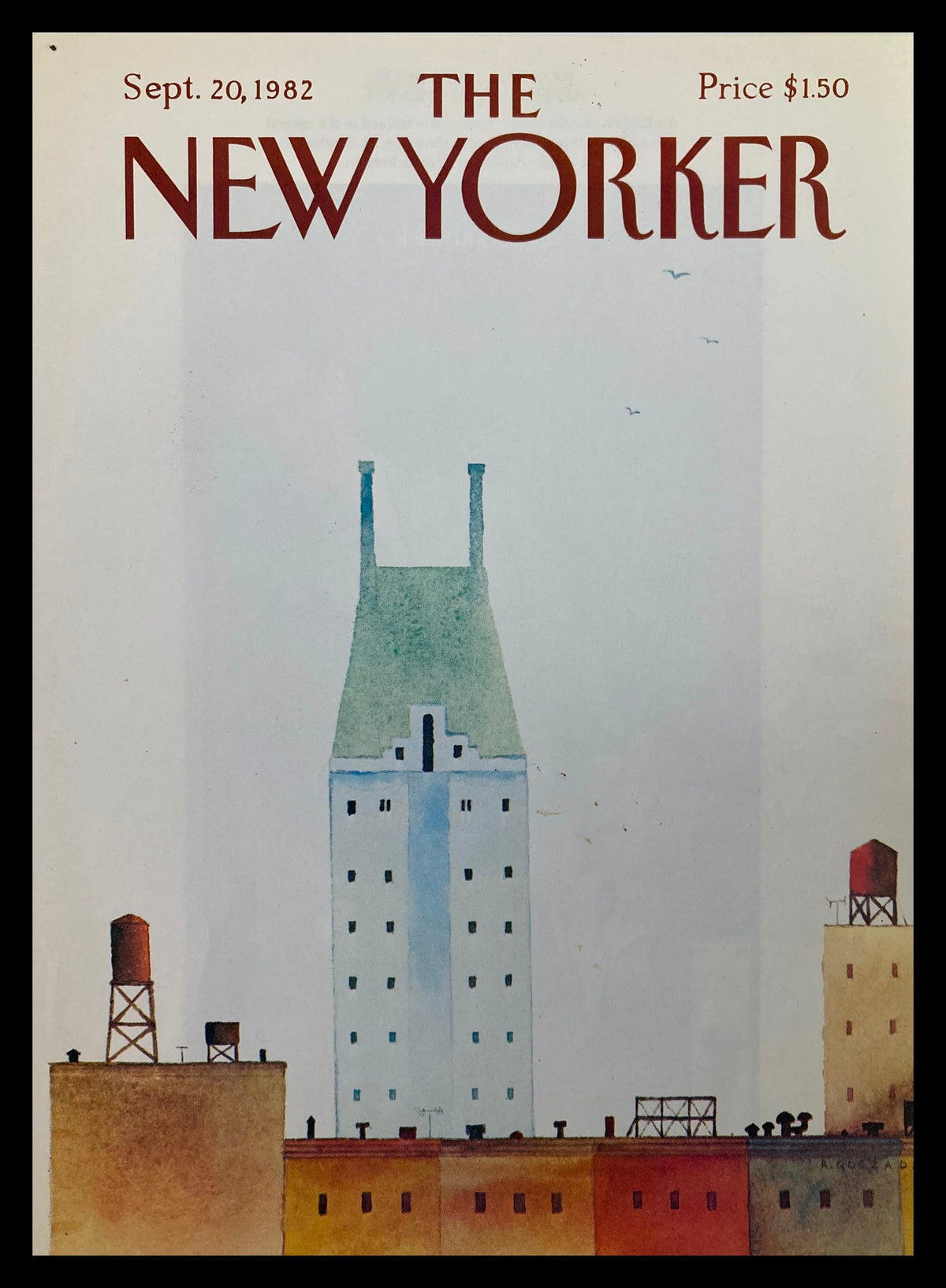The New Yorker September 20 1982 cover featuring artwork titled 'Tall Stuff' by Abel Quezada, depicting a cityscape with a prominent building and smokestacks.