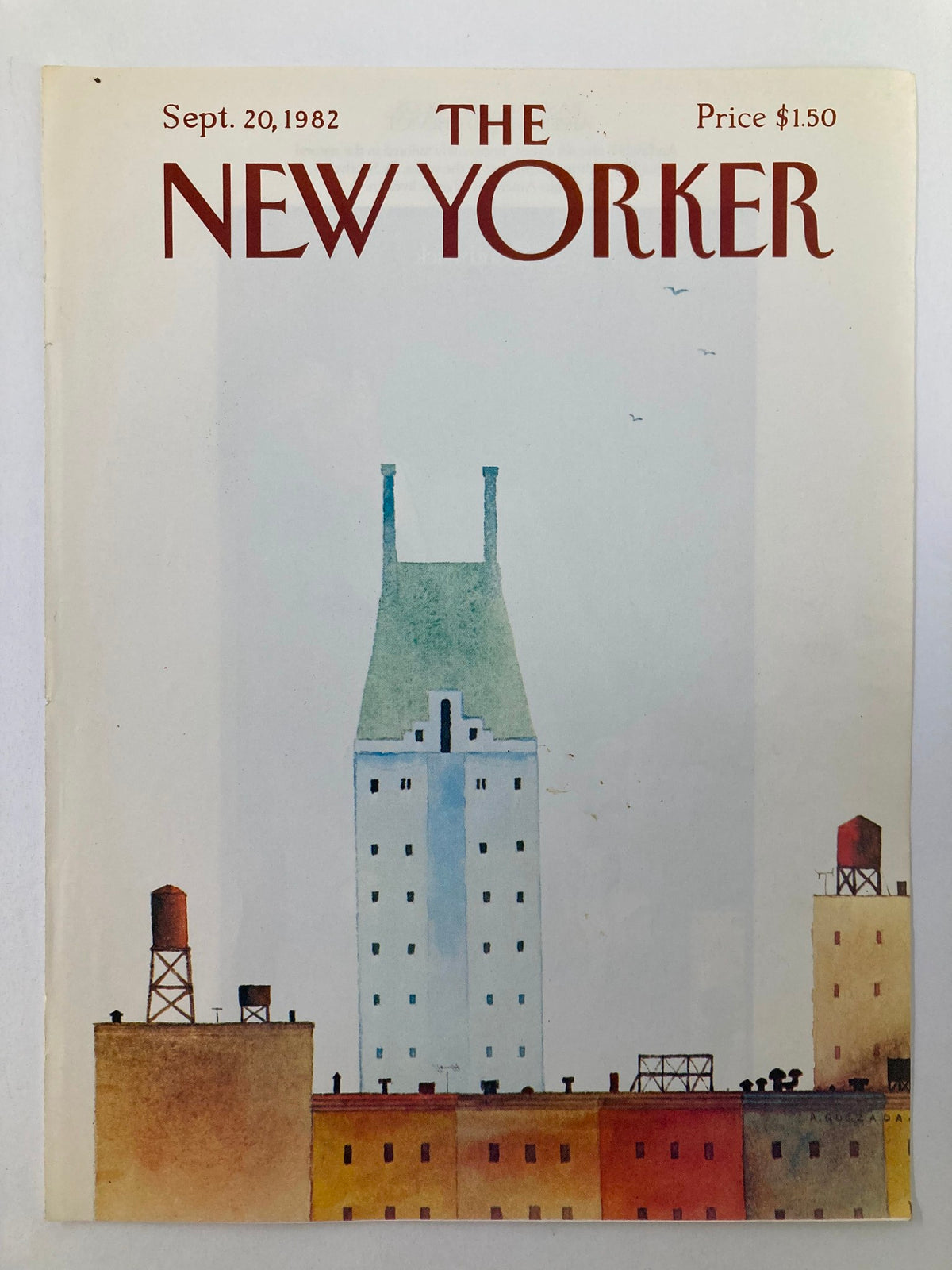 The New Yorker September 20 1982 cover showcasing 'Tall Stuff' artwork by Abel Quezada, illustrating a pastel city skyline with distinct architectural features.