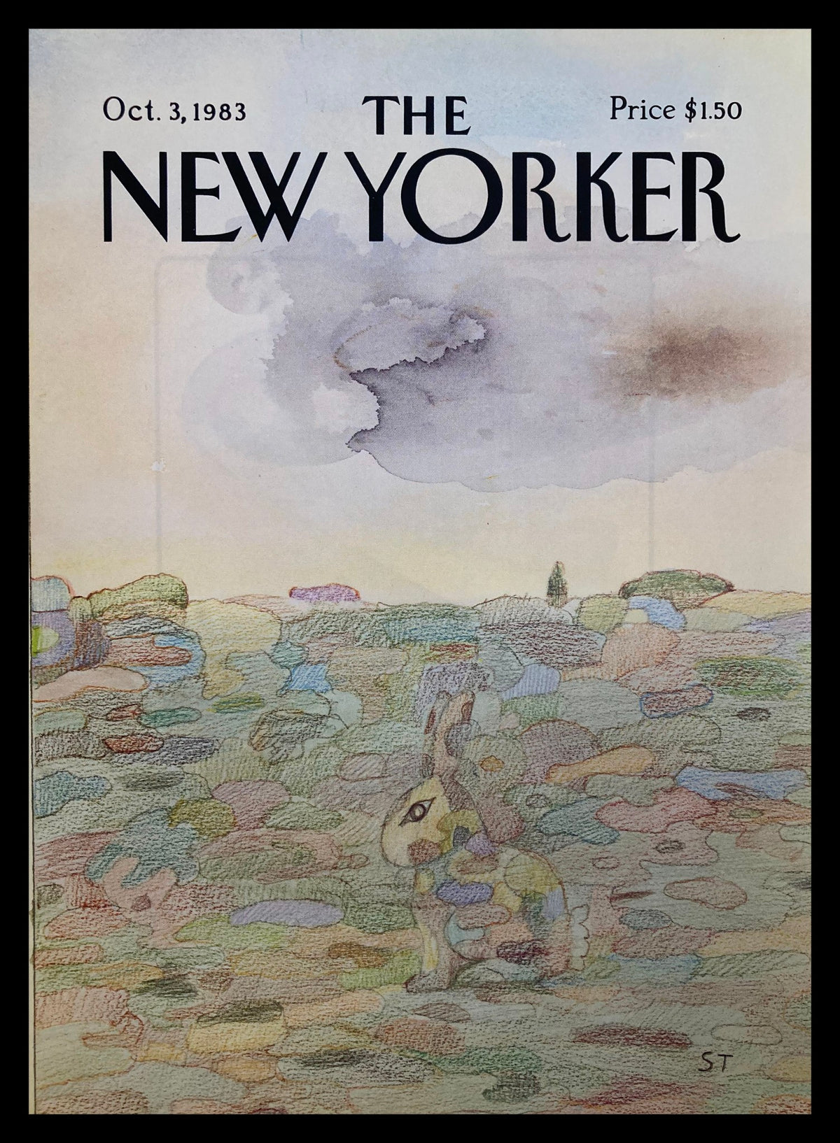 Cover only The New Yorker October 3 1983 Bunny-flage by Saul Steinberg, featuring whimsical artwork with a rabbit surrounded by colorful abstract shapes.